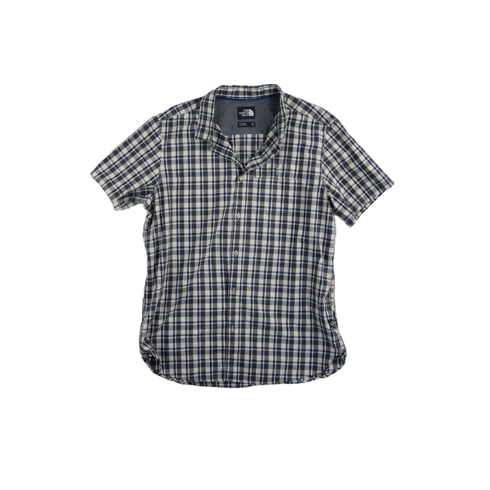The North Face Button Up Shirt Men's Size XL Navy White Plaid 100% Cotton Pocket